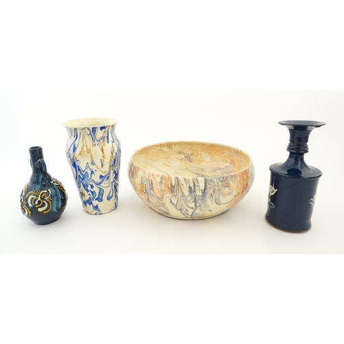 104 - Four Somerset studio pottery wares by Martin Pettinger comprising an agate ware vase and bowl, a twi... 