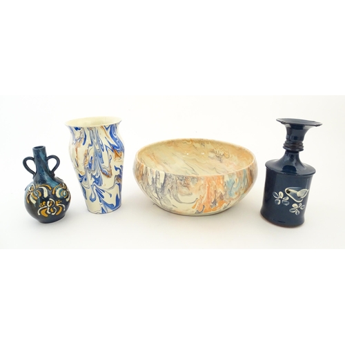 104 - Four Somerset studio pottery wares by Martin Pettinger comprising an agate ware vase and bowl, a twi... 