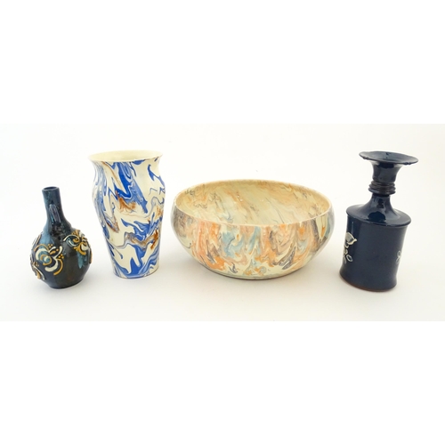 104 - Four Somerset studio pottery wares by Martin Pettinger comprising an agate ware vase and bowl, a twi... 