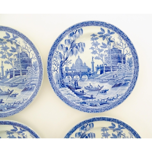 140 - Six Spode blue and white plates decorated in the Tibor pattern. Marked under. Approx. 6 1/4