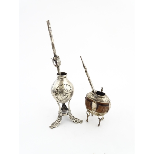 1076 - A mate pot with gourd / seed pod body and silver plate mounts with bird and foliate detail, with a m... 