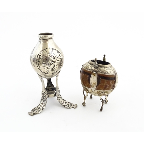 1076 - A mate pot with gourd / seed pod body and silver plate mounts with bird and foliate detail, with a m... 