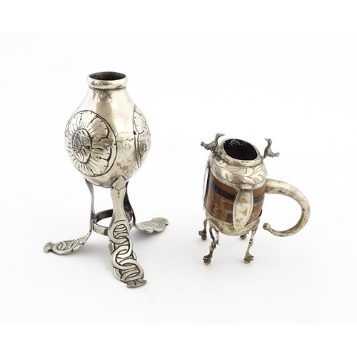 1076 - A mate pot with gourd / seed pod body and silver plate mounts with bird and foliate detail, with a m... 