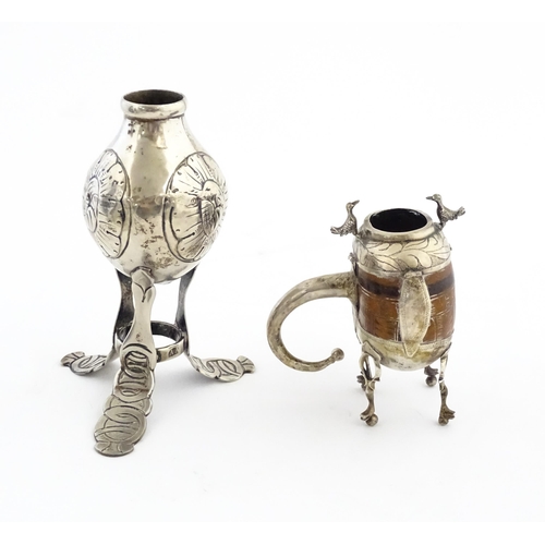 1076 - A mate pot with gourd / seed pod body and silver plate mounts with bird and foliate detail, with a m... 