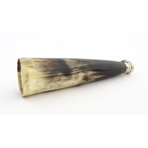 1078 - A mid 20thC leather cased hunting flask, of conical form, constructed from ox horn with white metal ... 