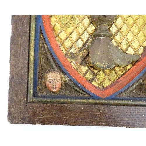 1117 - An early 20thC Continental tabernacle door with carved and polychrome decoration depicting a chalice... 