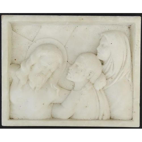 1119 - A 20thC carved soapstone religious plaque / tableau depicting the Lamentation of Christ. Approx. 8