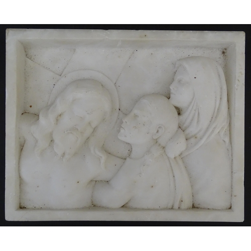 1119 - A 20thC carved soapstone religious plaque / tableau depicting the Lamentation of Christ. Approx. 8