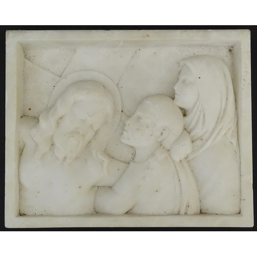 1119 - A 20thC carved soapstone religious plaque / tableau depicting the Lamentation of Christ. Approx. 8