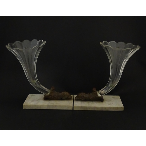 241 - A pair of Victorian epergnes the clear glass flutes with rams head support mounted on a rectangular ... 