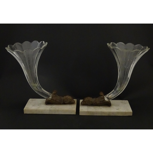 241 - A pair of Victorian epergnes the clear glass flutes with rams head support mounted on a rectangular ... 