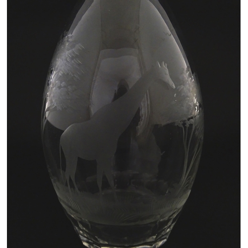 175 - A Rowland Ward glass decanter with engraved Safari animal detail. Unsigned  Approx. 11 1/4