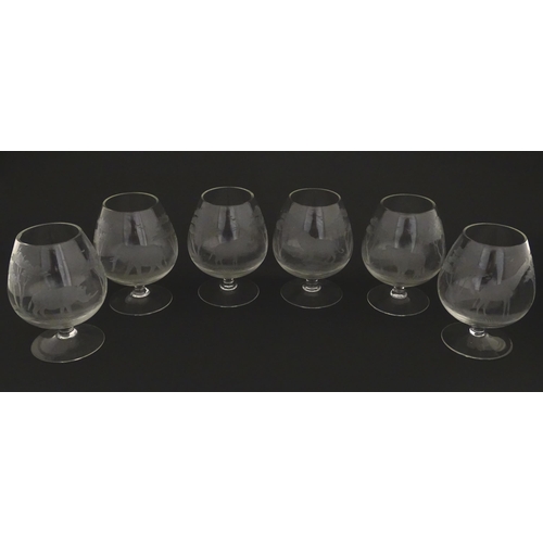 176 - Six Rowland Ward brandy glasses with engraved Safari animal detail. Unsigned Approx. 4 3/4