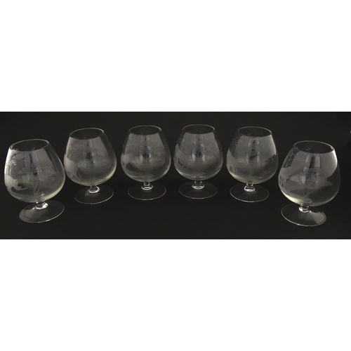 176 - Six Rowland Ward brandy glasses with engraved Safari animal detail. Unsigned Approx. 4 3/4