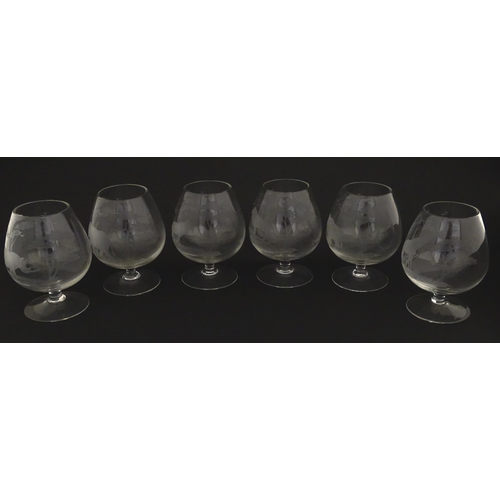 176 - Six Rowland Ward brandy glasses with engraved Safari animal detail. Unsigned Approx. 4 3/4