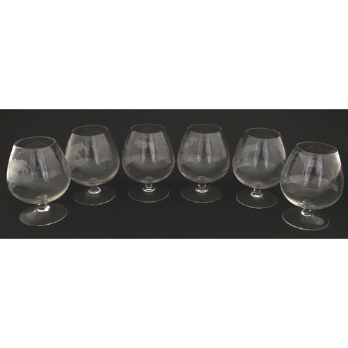 176 - Six Rowland Ward brandy glasses with engraved Safari animal detail. Unsigned Approx. 4 3/4