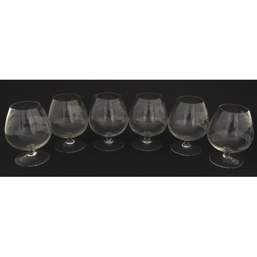 176 - Six Rowland Ward brandy glasses with engraved Safari animal detail. Unsigned Approx. 4 3/4