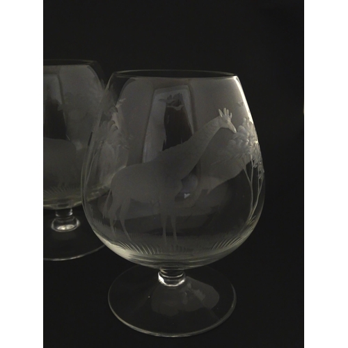 176 - Six Rowland Ward brandy glasses with engraved Safari animal detail. Unsigned Approx. 4 3/4