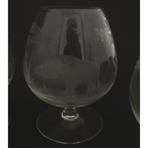 176 - Six Rowland Ward brandy glasses with engraved Safari animal detail. Unsigned Approx. 4 3/4