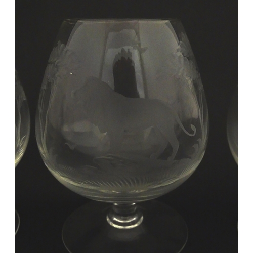 176 - Six Rowland Ward brandy glasses with engraved Safari animal detail. Unsigned Approx. 4 3/4