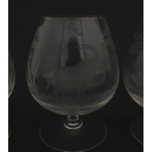 176 - Six Rowland Ward brandy glasses with engraved Safari animal detail. Unsigned Approx. 4 3/4