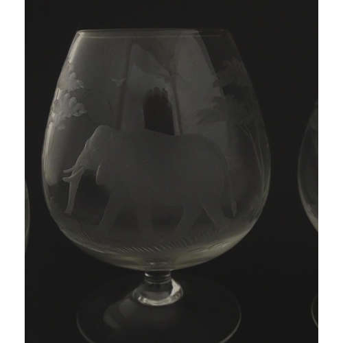 176 - Six Rowland Ward brandy glasses with engraved Safari animal detail. Unsigned Approx. 4 3/4