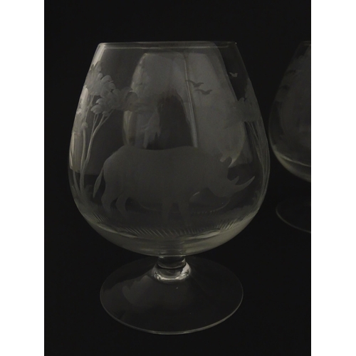 176 - Six Rowland Ward brandy glasses with engraved Safari animal detail. Unsigned Approx. 4 3/4