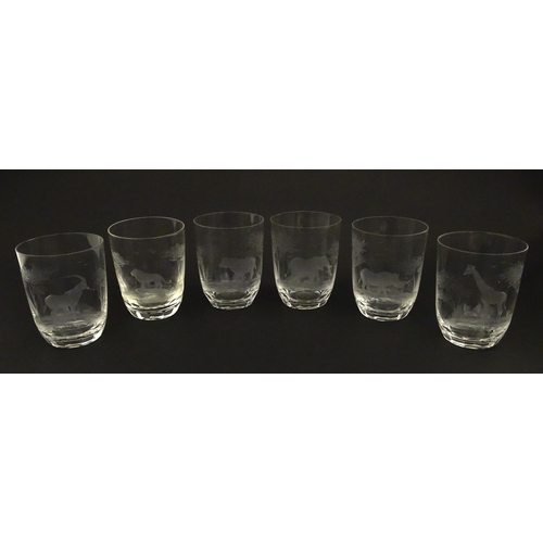 177 - Six Rowland Ward tumbler glasses with engraved Safari animal detail. Unsigned Approx. 3 3/4