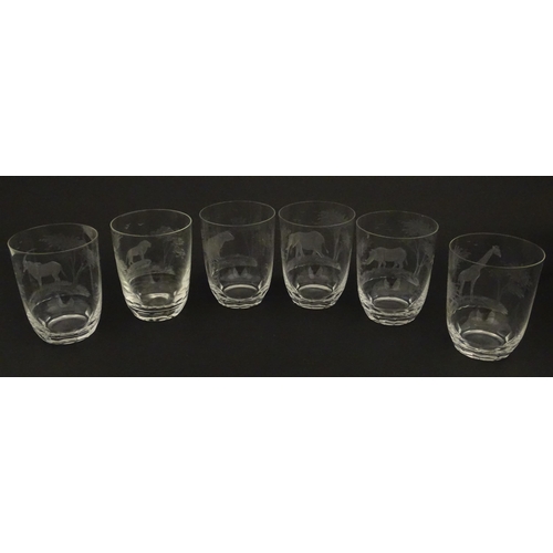 177 - Six Rowland Ward tumbler glasses with engraved Safari animal detail. Unsigned Approx. 3 3/4