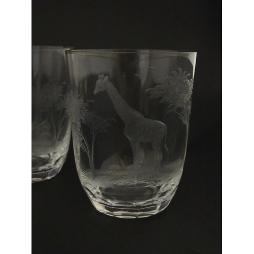 177 - Six Rowland Ward tumbler glasses with engraved Safari animal detail. Unsigned Approx. 3 3/4