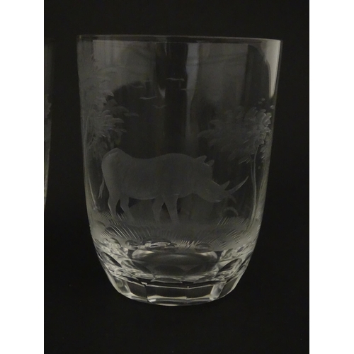 177 - Six Rowland Ward tumbler glasses with engraved Safari animal detail. Unsigned Approx. 3 3/4