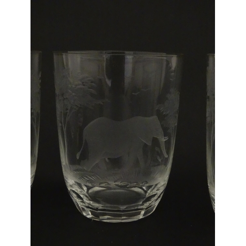 177 - Six Rowland Ward tumbler glasses with engraved Safari animal detail. Unsigned Approx. 3 3/4