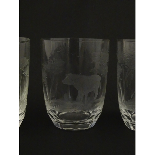 177 - Six Rowland Ward tumbler glasses with engraved Safari animal detail. Unsigned Approx. 3 3/4