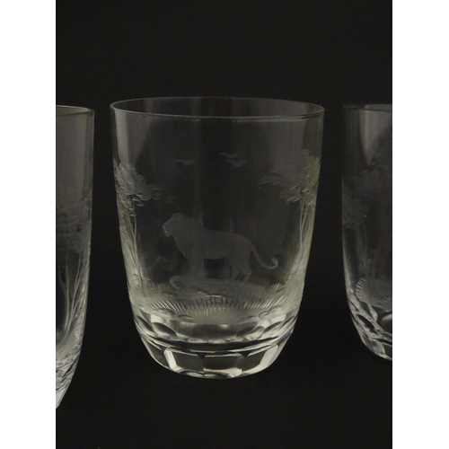 177 - Six Rowland Ward tumbler glasses with engraved Safari animal detail. Unsigned Approx. 3 3/4