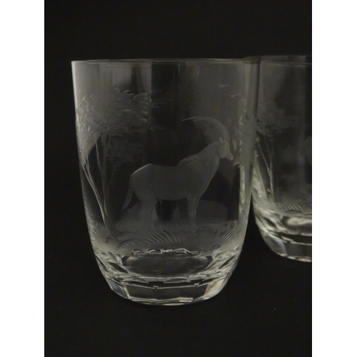 177 - Six Rowland Ward tumbler glasses with engraved Safari animal detail. Unsigned Approx. 3 3/4