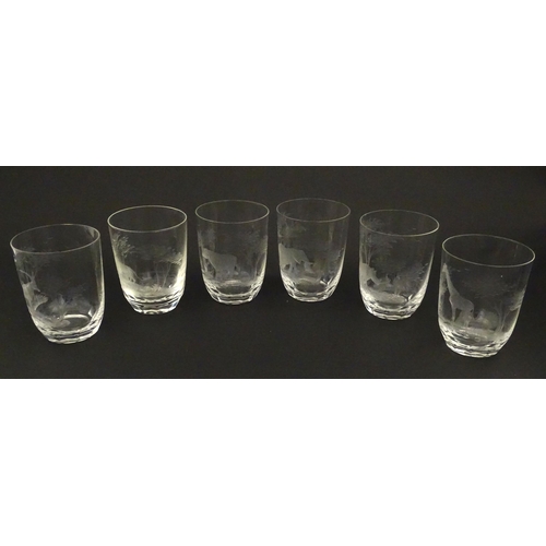 177 - Six Rowland Ward tumbler glasses with engraved Safari animal detail. Unsigned Approx. 3 3/4