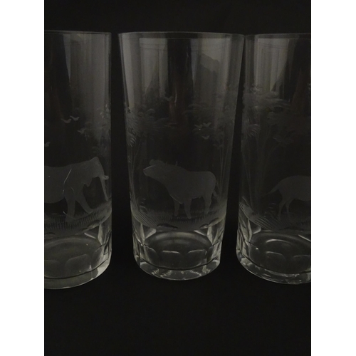 178 - Six Rowland Ward highball glasses with engraved Safari animal detail. Unsigned. Approx. 5 1/2