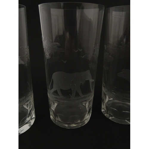 178 - Six Rowland Ward highball glasses with engraved Safari animal detail. Unsigned. Approx. 5 1/2