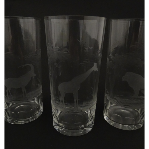 178 - Six Rowland Ward highball glasses with engraved Safari animal detail. Unsigned. Approx. 5 1/2