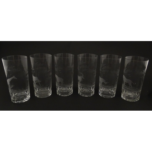 178 - Six Rowland Ward highball glasses with engraved Safari animal detail. Unsigned. Approx. 5 1/2