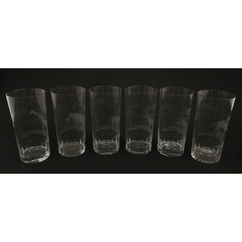 178 - Six Rowland Ward highball glasses with engraved Safari animal detail. Unsigned. Approx. 5 1/2