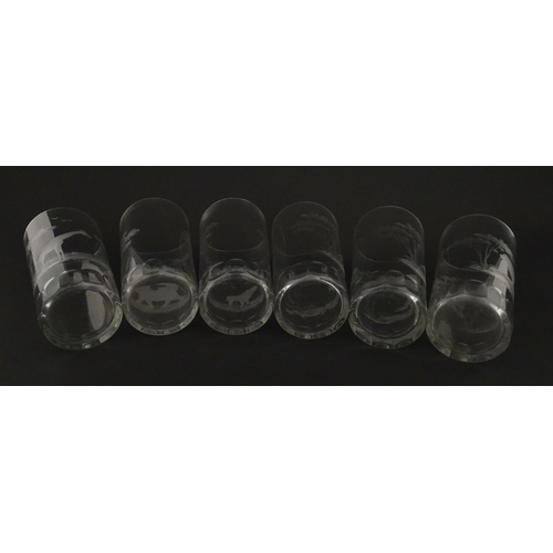 178 - Six Rowland Ward highball glasses with engraved Safari animal detail. Unsigned. Approx. 5 1/2