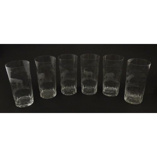 178 - Six Rowland Ward highball glasses with engraved Safari animal detail. Unsigned. Approx. 5 1/2