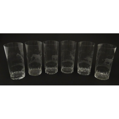 178 - Six Rowland Ward highball glasses with engraved Safari animal detail. Unsigned. Approx. 5 1/2