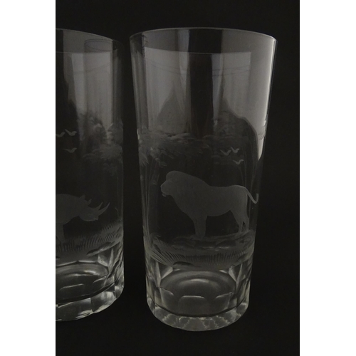 178 - Six Rowland Ward highball glasses with engraved Safari animal detail. Unsigned. Approx. 5 1/2