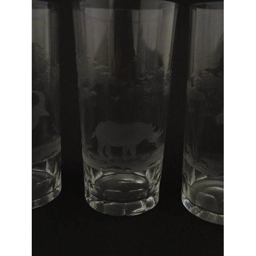 178 - Six Rowland Ward highball glasses with engraved Safari animal detail. Unsigned. Approx. 5 1/2