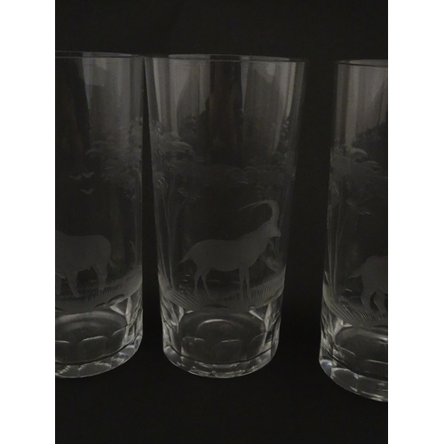 178 - Six Rowland Ward highball glasses with engraved Safari animal detail. Unsigned. Approx. 5 1/2