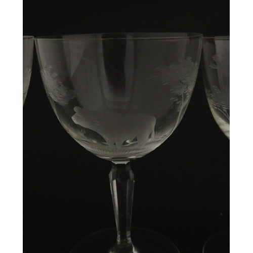 179 - Six Rowland Ward wine glasses with engraved Safari animal detail. Unsigned. Approx. 5 1/2