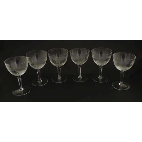 179 - Six Rowland Ward wine glasses with engraved Safari animal detail. Unsigned. Approx. 5 1/2