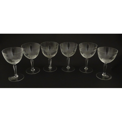 179 - Six Rowland Ward wine glasses with engraved Safari animal detail. Unsigned. Approx. 5 1/2